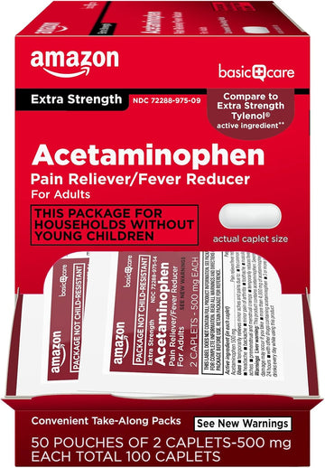 Amazon Basic Care - Extra Strength Acetaminophen Caplet 500 Mg, 100 Count ( 50 Pouches Of 2 Caplets )