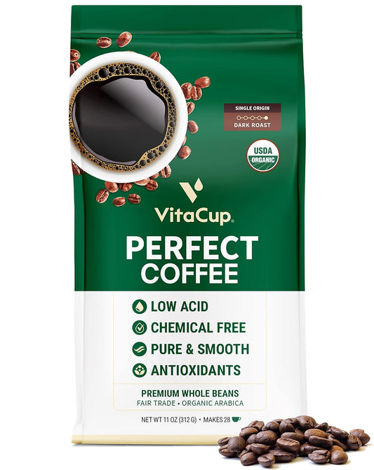 Vitacup Perfect Low Acid Coffee Beans, 11Oz & Perfect Low Acid Ground Coffee, 11 Oz Bundle | Dark Roast, Usda Organic & Fair Trade, Mycotoxin Free, Single Origin