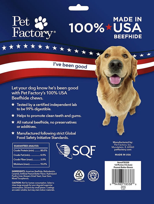 Pet Factory 100% Made In Usa Beefhide 6" Knotted Bones Dog Chew Treats - Peanut Butter Flavor, 12 Count/1 Pack