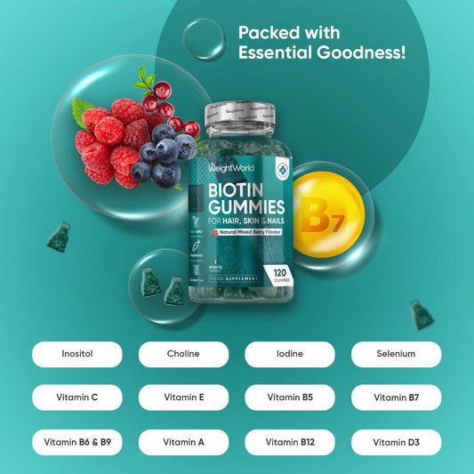 Biotin Gummies - 120 Chewable B7 Vitamin Gummies - With 9 Essential Vitamins & 4 Nutrients - Biotin 5000Mcg Supplements - Natural Mixed Berry Flavour - Non-Gmo, Gluten-Free & Vegetarian-Friendly