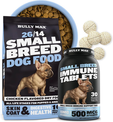 Bully Max 26/14 Small Breed Dry Dog Food & Immune Supplement Tablets Bundle - Skin, Coat, Sensitive Stomach & Immunity Support for Puppies, Adults & Seniors - 5lbs Kibble Bites + 30 Chewable Tabs : Pet Supplies