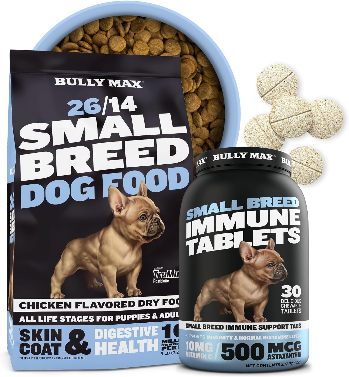 Bully Max 26/14 Small Breed Dry Dog Food & Immune Supplement Tablets Bundle - Skin, Coat, Sensitive Stomach & Immunity Support For Puppies, Adults & Seniors - 5Lbs Kibble Bites + 30 Chewable Tabs