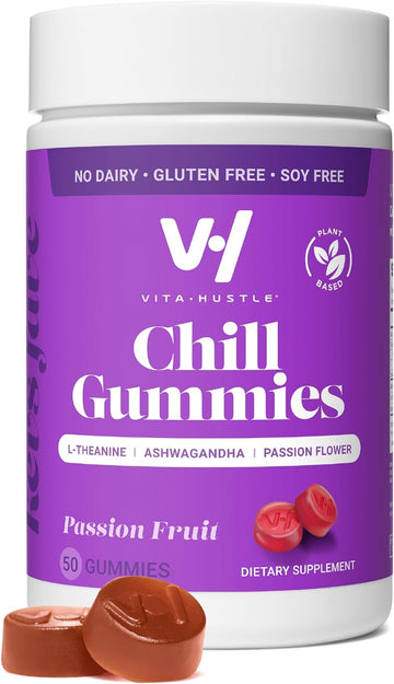 Vitahustle Chill Gummies For Stress Relief, 300 Mg Ksm 66 Ashwagandha, L-Theanine, Vegan, Mood Gummies, Balance Cortisol, Focus (Passion Fruit) 50 Count