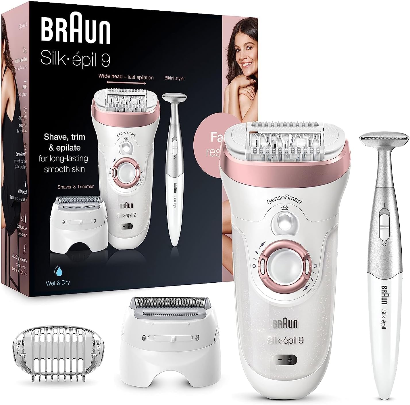 Braun Silk-Épil 9 9-890, Facial Hair Removal For Women, Hair Removal Device, Bikini Trimmer, Womens Shaver Wet & Dry, Cordless And 7 Extras