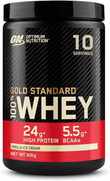 Optimum Nutrition Gold Standard 100% Whey Muscle Building And Recovery Protein Powder With Naturally Occurring Glutamine And Bcaa Amino Acids, Delicious Strawberry Flavour, 10 Servings, 300G