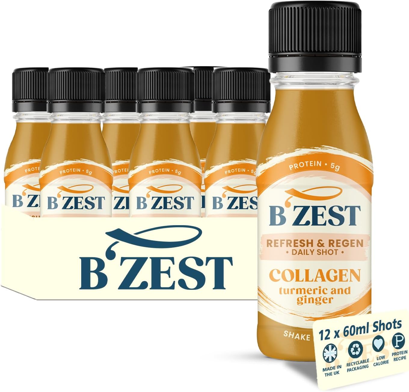 Bumblezest Refresh & Regen: Ginger, Turmeric & Collagen Daily Health Shot, Refreshing Shot With A Zesty Kick, 5G Protein (12 X 60Ml)