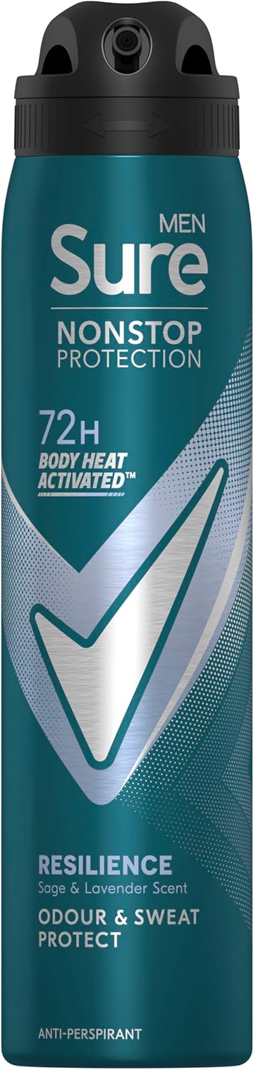 Sure Men Nonstop Protection Resilience Anti-Perspirant Aerosol Men'S Deodorant Spray With Body Heat Activated Technology For 72 Hour Protection Against Odour And Sweat 6X 250 Ml