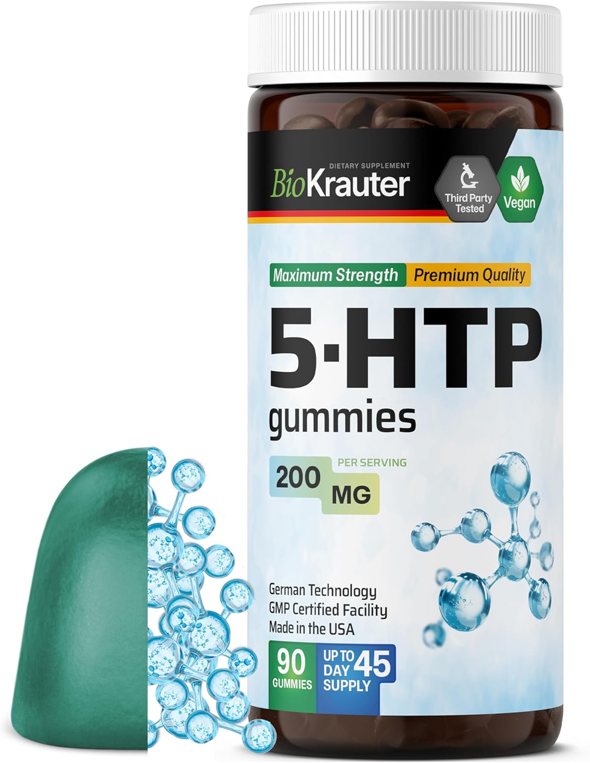 Bio Krauter 5 Htp Supplement Gummies - 200 Mg Strength - 90 Vegan Chews - Relaxation Support 5Htp Plus L Tryptophan Supplement - Pectin Based Formula