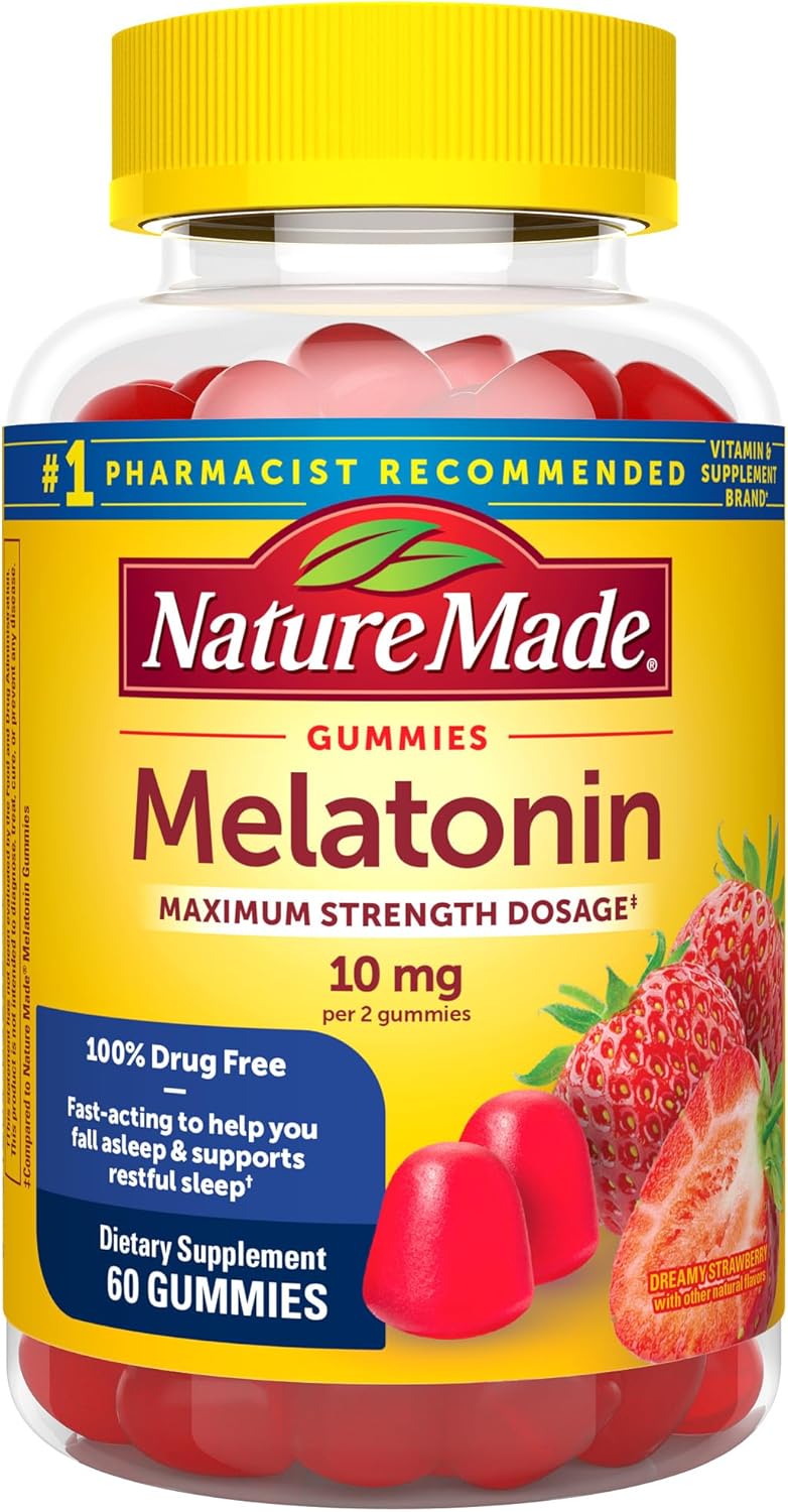 Nature Made Melatonin 10Mg Per Serving Gummies, Maximum Strength Dosage, 100% Drug Free Sleep Aid For Adults, 60 Melatonin Gummies, 30 Day Supply