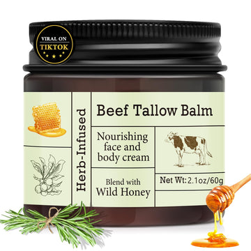 Beef Tallow For Skin – Natural Whipped Tallow And Honey Balm Face Moisturizer, Organic Grass-Fed Tallow, Deeply Nourishing Skin Balm For Face & Body, Moisturizing Cream For Dry Skin