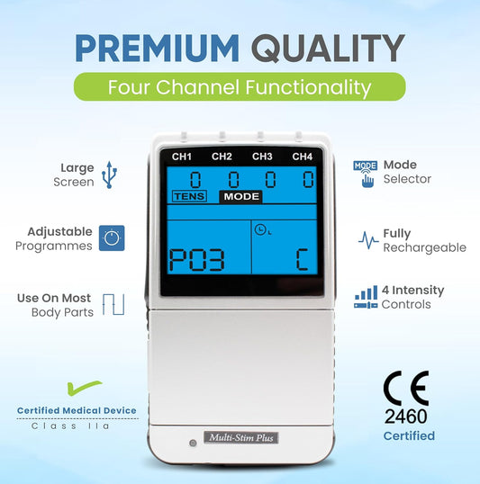Med-Fit 4 Channel Rechargeable Tens, Ems & Multi-Stim. Adjustable Manual Mode With 24 Pre-Set Programmes Of Tens, Muscle Stimulation Certified Medical Device. Supplied With 28 Self-Adhesive Pads