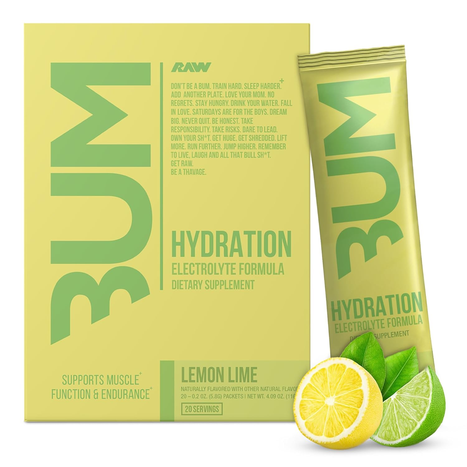 RAW Electrolytes Powder Hydration Drink Mix Packets, BUM Hydrate (Lemon Lime, 20 Servings) - Electrolyte Hydration Packets Supports Muscle Function & Endurance - Keto Free Electrolytes Powder Packets