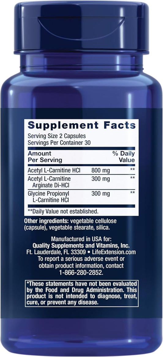 Life Extension Optimized Carnitine, Three Forms Of L-Carnitine, Promotes Heart & Brain Health, Gluten Free, Non-Gmo, Vegetarian, 60 Capsules