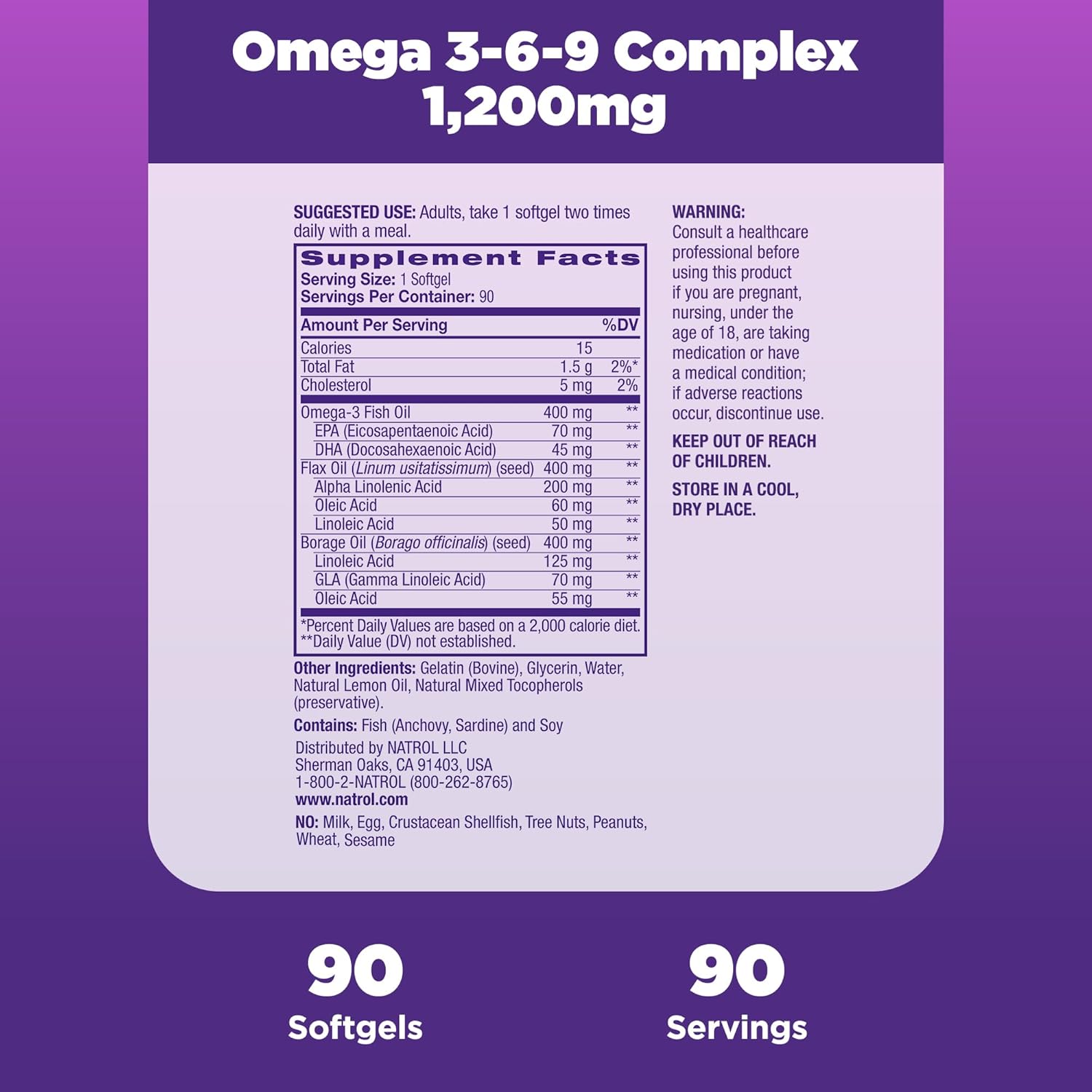 Natrol, Omega 3-6-9 Complex Softgels, Heart Health Dietary Supplement, 1200 mg, 90 Count : Health & Household