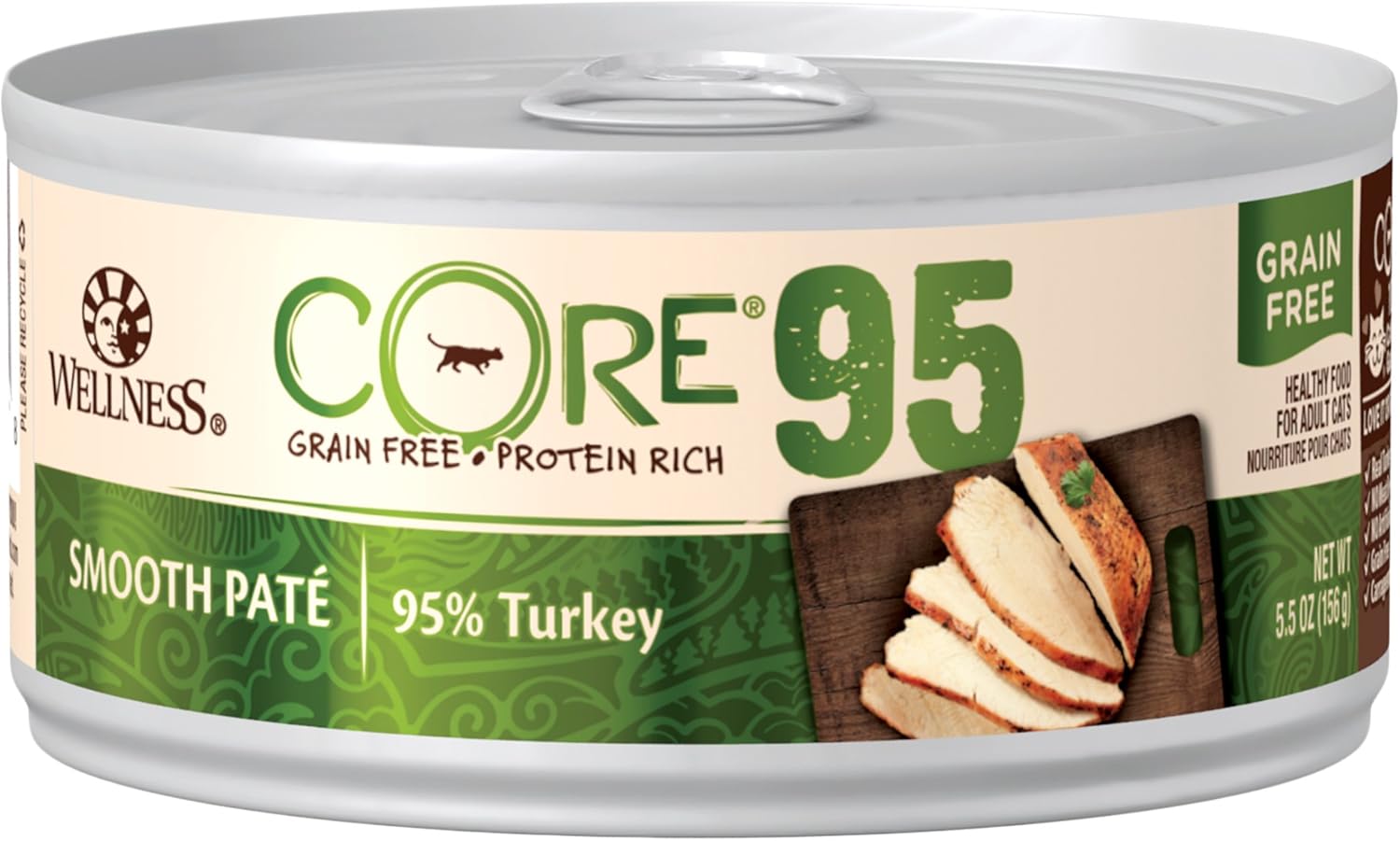 Wellness Core 95% Natural Grain Free Wet Canned Cat Food, Turkey, 5.5-Ounce Can (Pack Of 12)