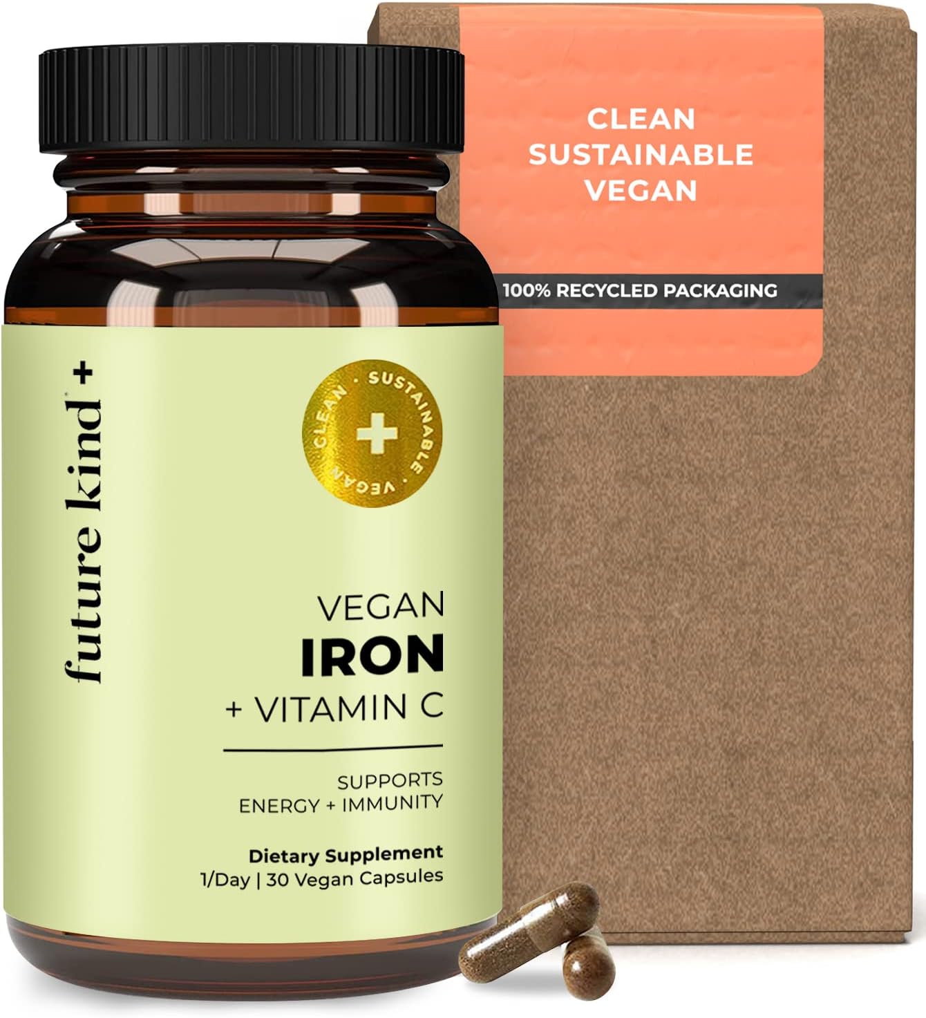 Future Kind Vegan Iron Supplement with Vitamin C (30 Iron Capsules) in Glass Bottle - Iron Supplements for Men and Women - Vegan Supplement Iron with Vitamin C for Energy, Focus & Immunity Support