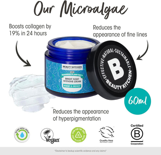 Beauty Kitchen - Seahorse Plankton + Bright Night Intensive Cream 60ml - Anti Aging & Hydrating - Reduces Fine Lines/Wrinkles - Promotes Collagen - Vegan/Cruelty Free