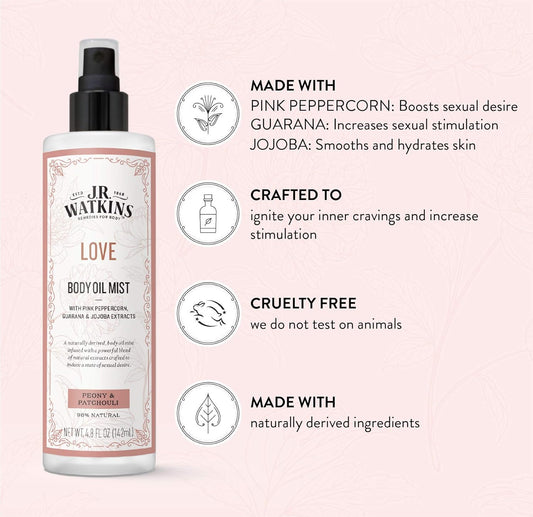 J.R. Watkins Love Body Oil Mist, Hydrates Skin And Boosts Stimulation, Natural Peony & Patchouli, 4.8 Oz