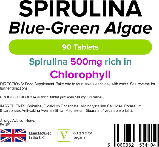 Lindens - Spirulina 500Mg - 90 Tablets - 2,000Mg Daily Intake, Uk Made - Spirulina Maxima, Rich In Chlorophyll - Overall Health & Vitality - Letterbox Friendly, Vegan