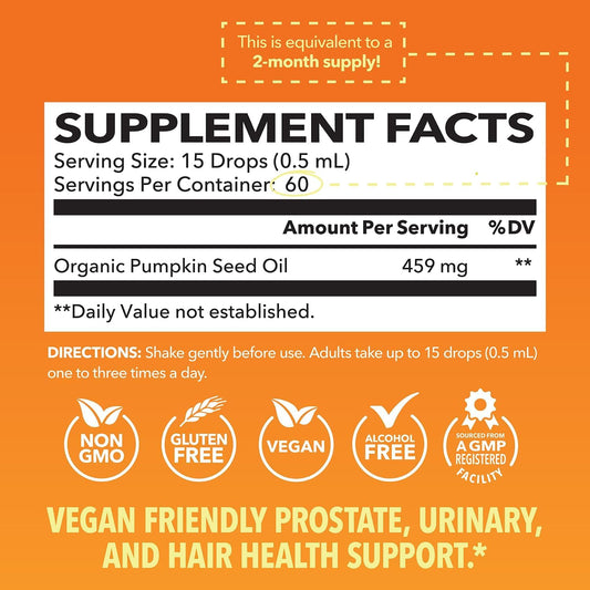 Organic Pumpkin Seed Oil For Hair & Eyelash Health - Pumpkin Oil Supports Hair Health, Hormone Balance And Prostate Health - 100% Cold Pressed Pumpkin Seed Extract - Non-Gmo, Vegan, Unflavored, 30Ml