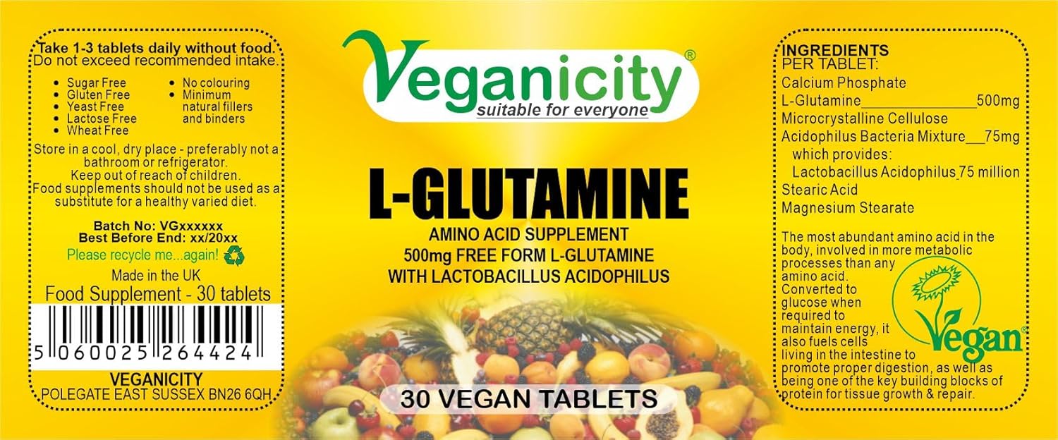 Veganicity L-Glutamine 500Mg : Digestive Health Amino Acid Supplement : 30 Tablets, In A Planet-Friendly 99% Recycled Pot