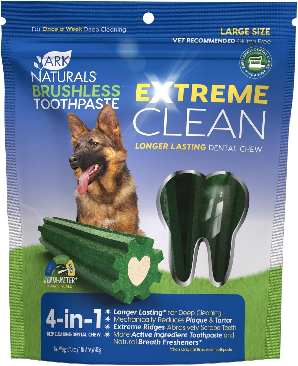 Ark Naturals Extreme Clean Brushless Toothpaste – Large Breeds, 18Oz Bag – Long-Lasting Dog Dental Chew With Toothpaste Center – Freshen Breath, Reduce Plaque & Tartar With Dental Chews For Dogs