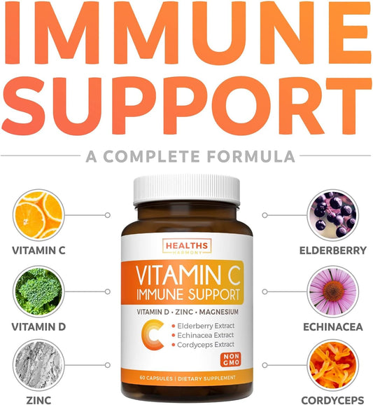 Immune Support Supplement (Non-GMO) Elderberry Vitamin C and Zinc, Vitamin D, Magnesium, Echinacea, Cordyceps - VIT C 500mg Immune System Booster - 60 Vegetarian Capsules (No Pills, Tablets, Gummies)