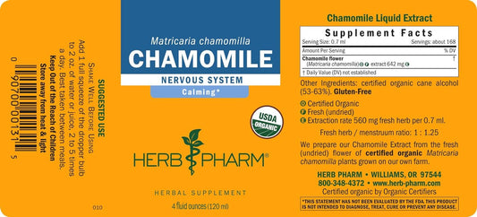 Herb Pharm Certified Organic Chamomile Liquid Extract for Calming Nervous System Support - 4 Ounce