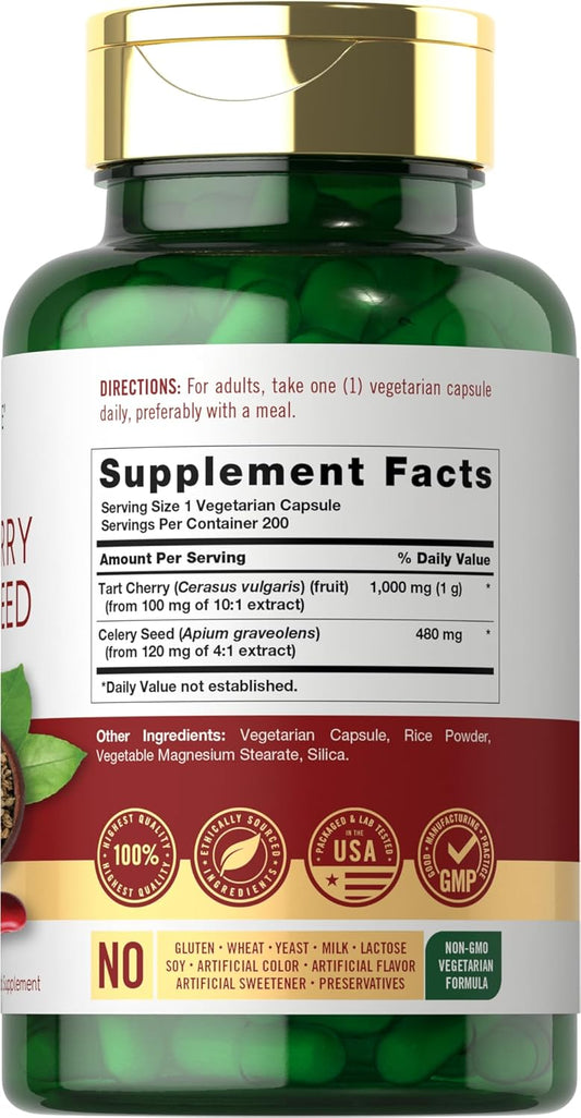 Carlyle Tart Cherry And Celery Seed Supplement | 200 Capsules | Vegetarian, Non-Gmo, And Gluten Free