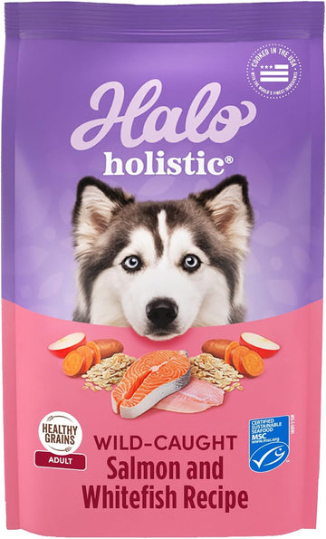 Halo Holistic Dog Food, Complete Digestive Health Wild-Caught Salmon And Whitefish Recipe, Dry Dog Food Bag, Adult Formula, 21-Lb Bag