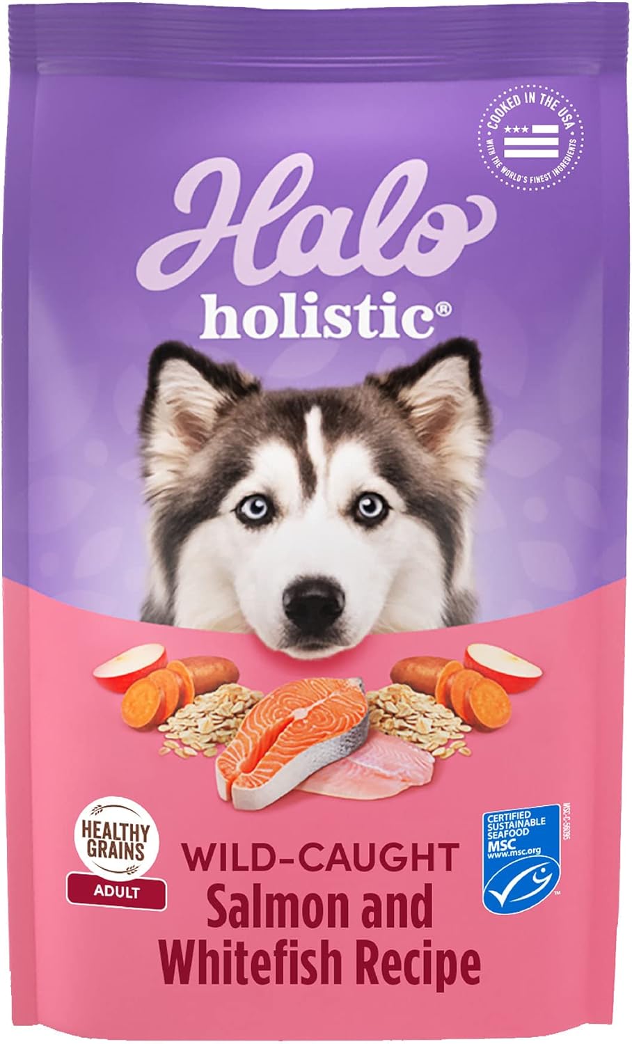 Halo Purely For Pets Holistic Adult Dog Healthy Grains Wild-Caught Salmon & Whitefish Recipe 10 Lb