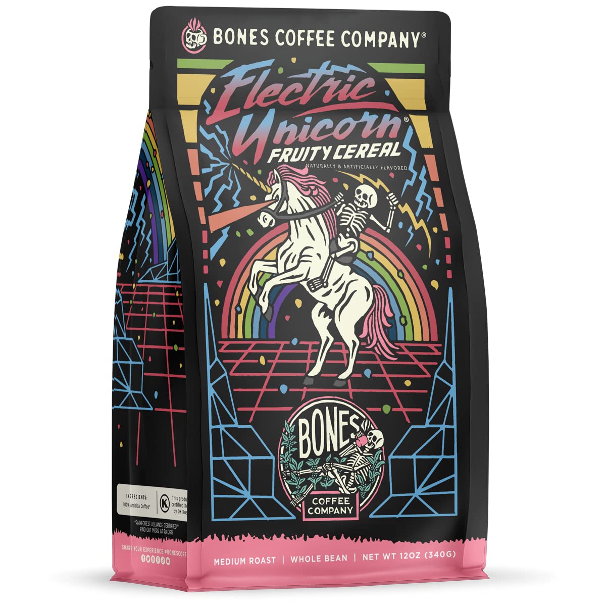Bones Coffee Company Electric Unicorn Flavored Whole Coffee Beans Fruity Cereal With Milk Flavor | 12 oz Medium Roast Arabica Low Acid Coffee | Gourmet Coffee (Whole Bean)