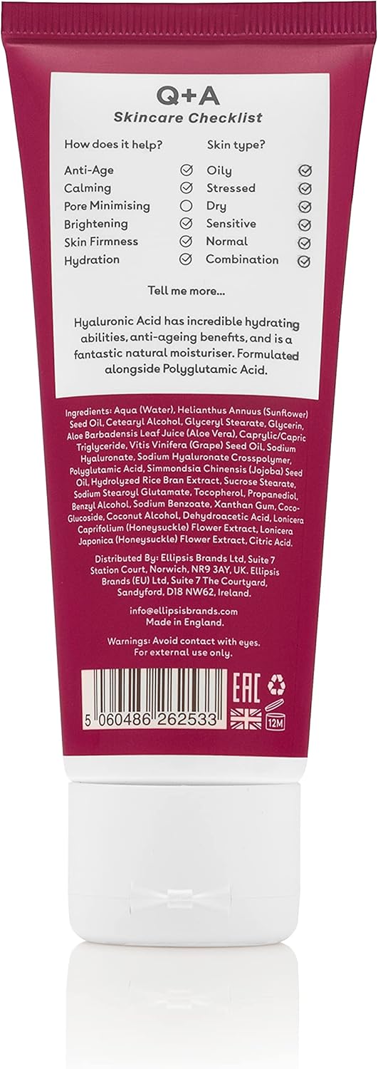 Q+A Hyaluronic Acid Daily Moisturiser (75Ml), Hydrating Face Cream With Polyglutamic Acid And Rice Bran Extract, For Soft, Even And Nourished Skin, Fragrance Free Skincare