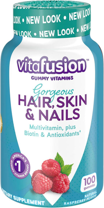 Vitafusion Gorgeous Hair, Skin Nails Multivitamin Gummy Vitamins, Plus Biotin And Antioxidant Vitamins Ce, Raspberry Flavor, 100Ct (33 Day Supply), From America’S Number One Gummy Vitamin Brand