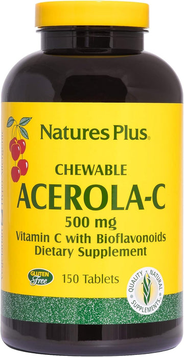 NaturesPlus Acerola-C Complex Chewable, 500 mg Vitamin C, 150 Vegetarian Tablets - Whole Fruit Supplement, Promotes Immune Support, Antioxidant - Gluten-Free - 150 Servings