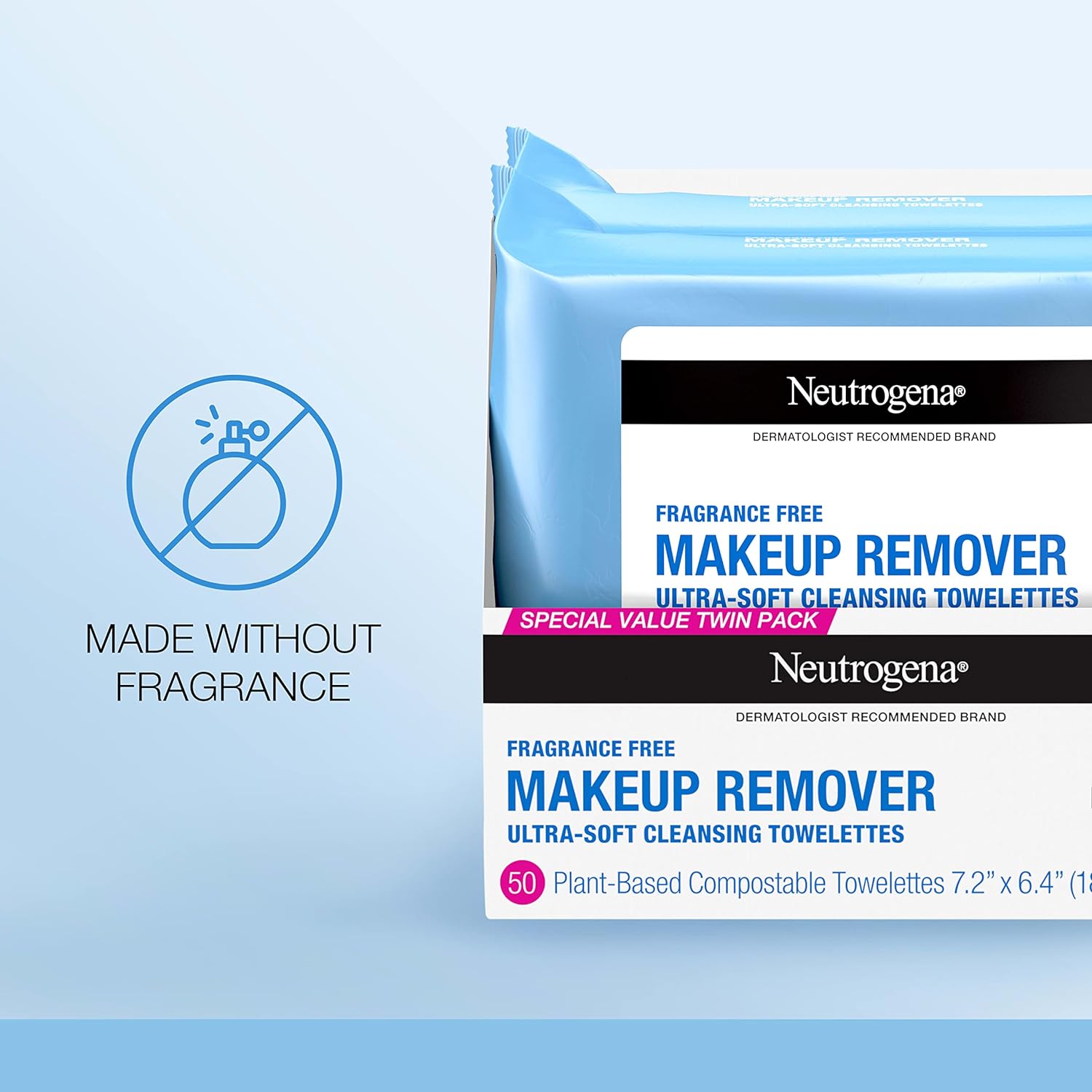 Neutrogena Cleansing Fragrance Free Makeup Remover Face Wipes, Cleansing Facial Towelettes for Waterproof Makeup, Alcohol-Free, Unscented, 100% Plant-Based Fibers, Twin Pack, 2 x 25 ct : Beauty & Personal Care