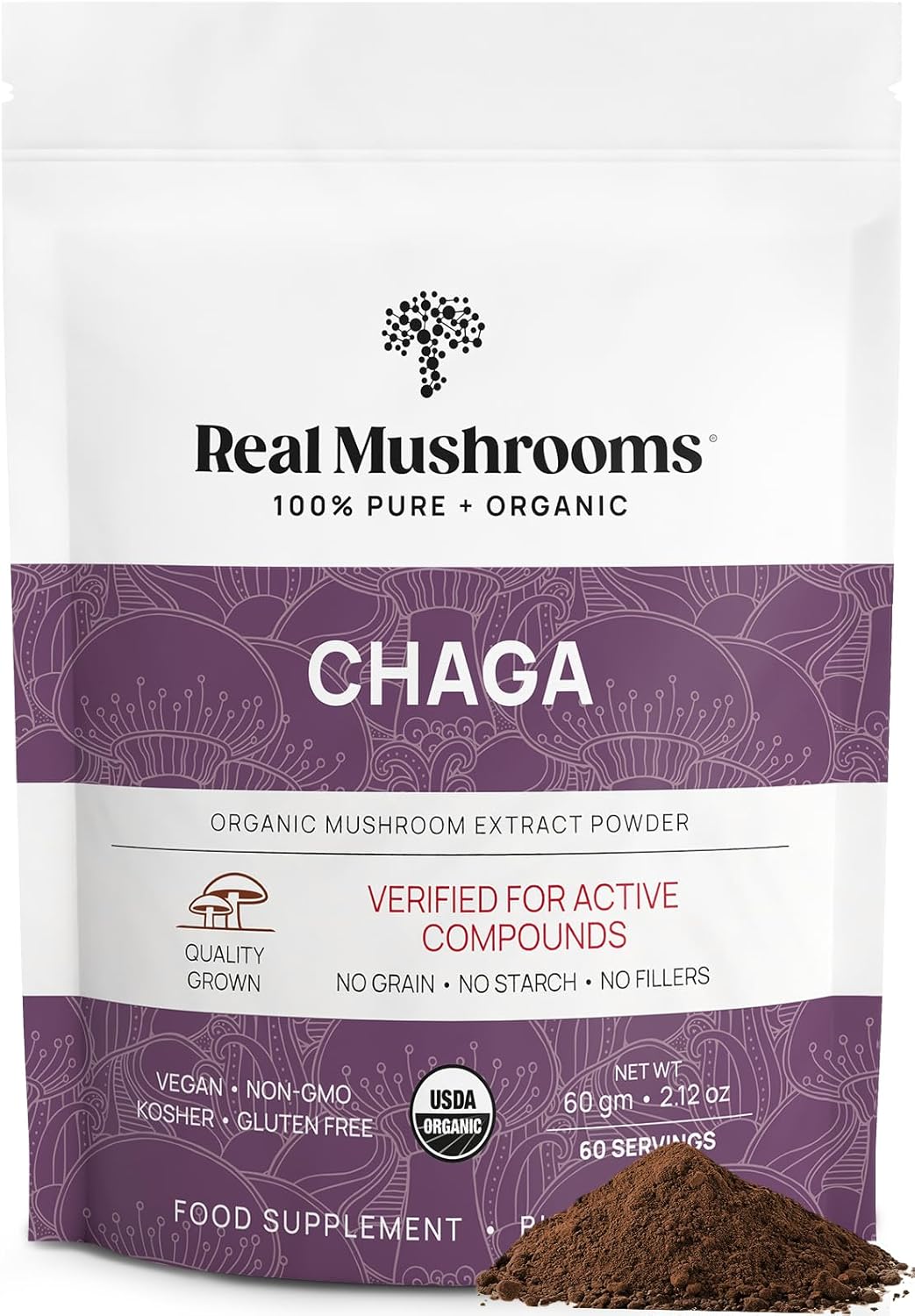 Real Mushrooms Chaga Powder - Organic Mushroom Supplement With Chaga Extract - Chaga Mushroom Powder For Digestion, Energy, & Immune Support - Vegan Mushroom Extract, Non-Gmo, 60 Servings