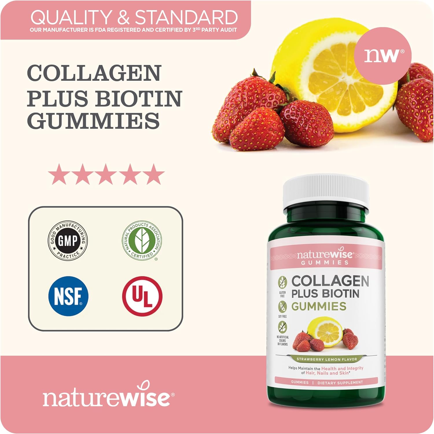 NatureWise Collagen Gummies with Biotin - Strawberry Lemon Flavor Infused with Essential Beauty Supplements for Skin, Hair, & Joint Support Like Vitamin E, Vitamin C, Zinc | 1-Month Supply, 60 Count