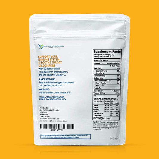 Silver Lozenges With Vitamin C - Premium Nano Silver 60 Ppm Colloidal Silver, Organic Honey And Vitamin C Mineral Supplement Drops To Support Immune System, Soothe Cough & Throat - 24 Orange Lozenges
