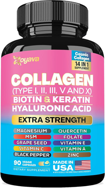 Collagen Pills Peptides Types I, II, III, V & X MCG Biotin Keratin Hyaluronic Acid MSM Vitamin A Vitamin C Vitamin E Folic Acid Zinc Magnesium with Grape Seed Extract, Quercetin (90 Caps)