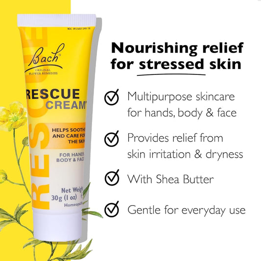 Bach Rescue Cream, Hydrating Skincare For Hands, Body And Face, Shea Butter, Homeopathic Stress Relief Flower Essences, Fragrance-Free, Paraben-Free, Holiday Stocking Stuffer, 30G