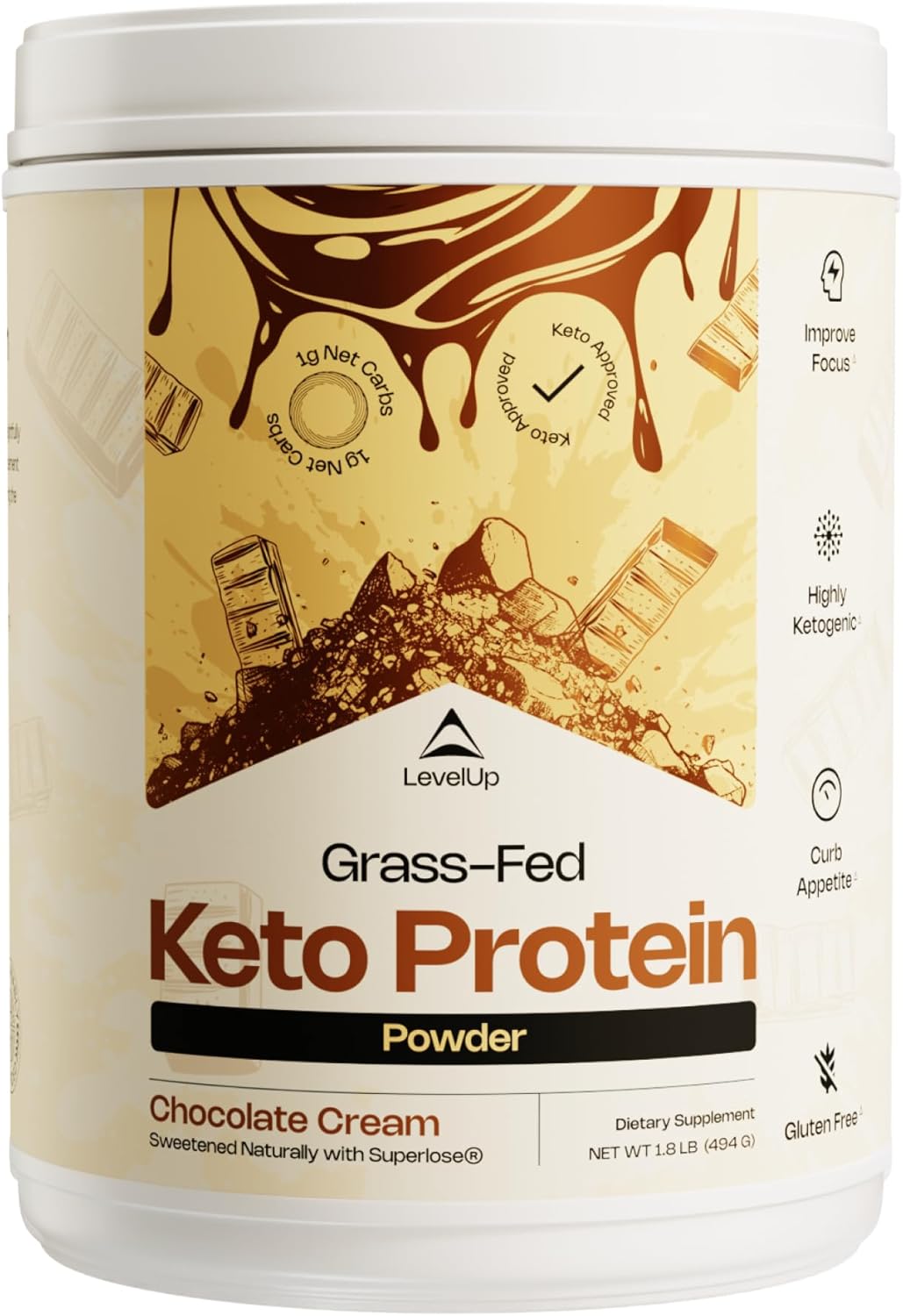 Levelup ???????????? - ???????? ???????? ?????????????? Grass-Fed Collagen Protein Powder, C8 Mct Oil, Whey Protein Isolate, Irish Butter, Ketogenic Protein Shake Supplement (Chocolate Cream)