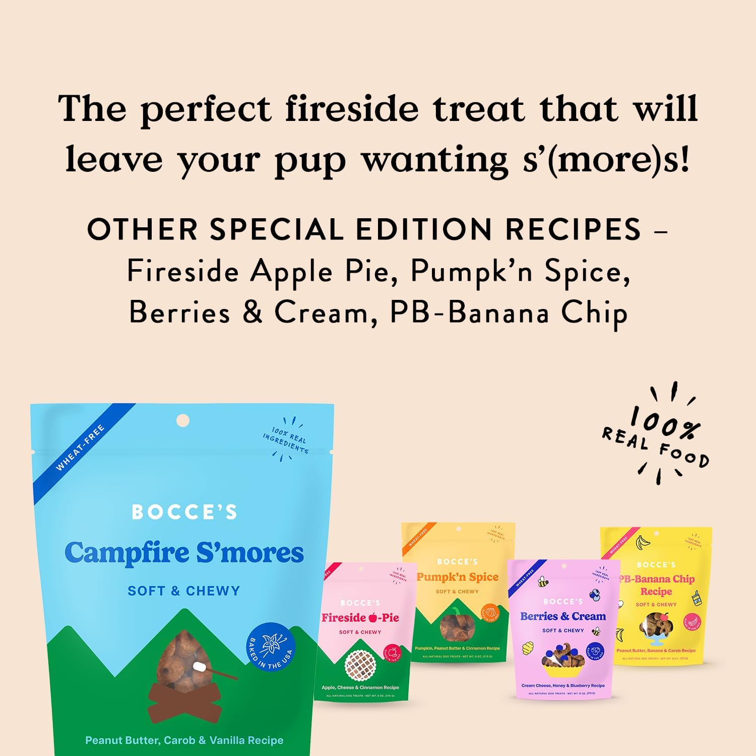 Bocce's Bakery Campfire S'Mores Treats for Dogs, Wheat-Free Everyday Dog Treats, Made with Real Ingredients, Baked in The USA, All-Natural Soft & Chewy Cookies, Peanut Butter, Carob, & Vanilla, 6 oz : Pet Supplies