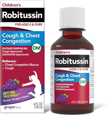 Robitussin Children'S Cough And Chest Congestion Dm, Cough Medicine For Kids, Grape Flavor - 4 Fl Oz Bottle, 300318715130