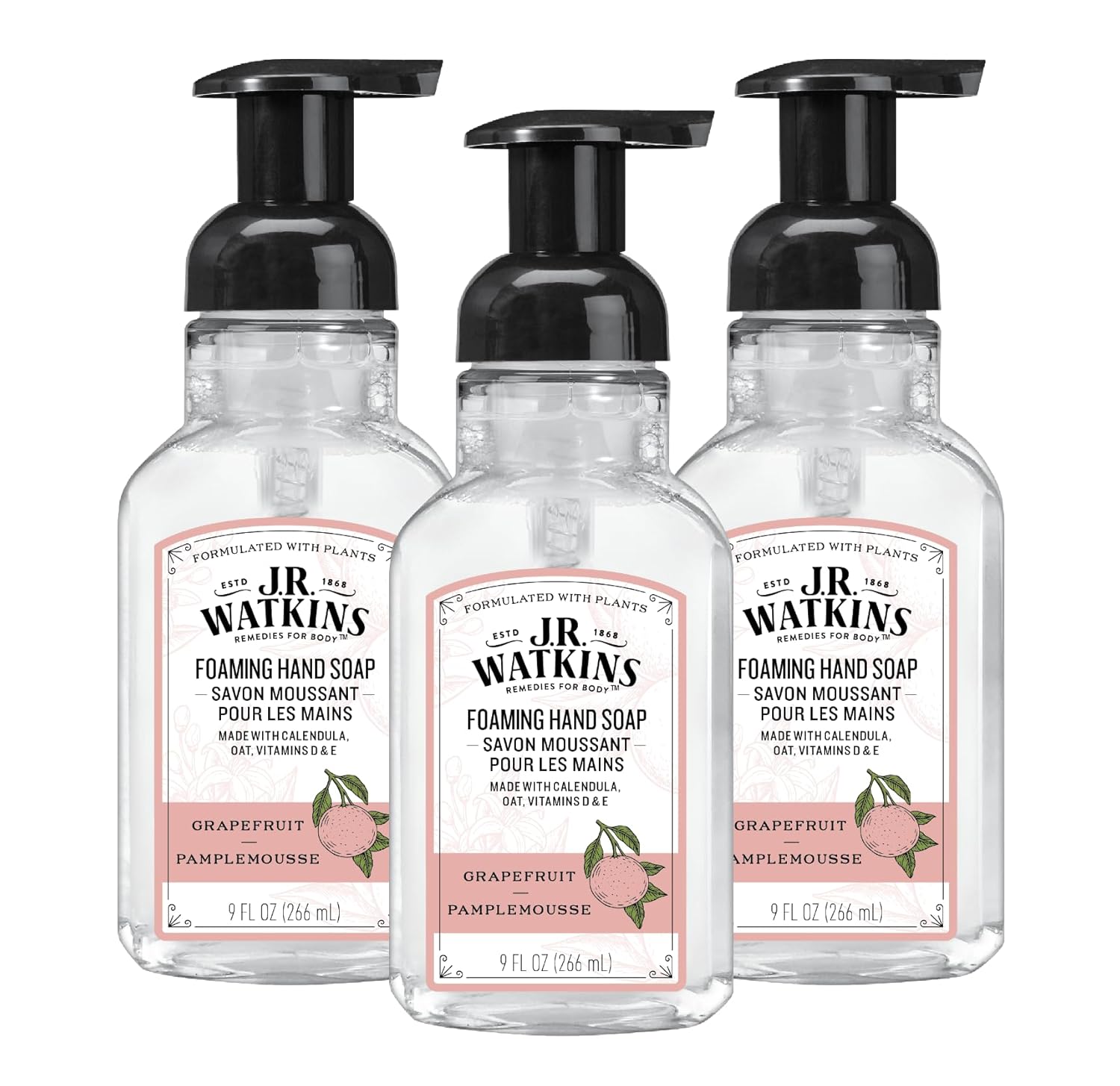 J.R. Watkins Foaming Hand Soap With Pump Dispenser, Moisturizing Foam Hand Wash, All Natural, Alcohol-Free, Cruelty-Free, Usa Made, Grapefruit, 9 Fl Oz, 3 Pack