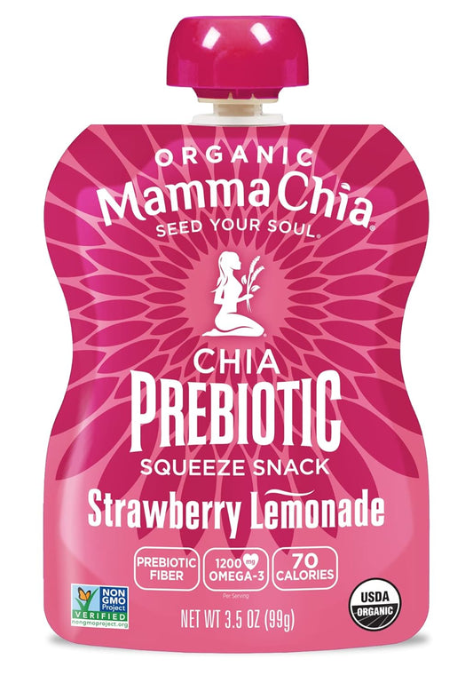 Mamma Chia Organic Prebiotic Squeeze Snack, Strawberry Lemonade, Fiber-Rich Prebiotic Gut Support, USDA Organic, Non-GMO, Vegan, Gluten Free,3.5 Ounce (Pack of 24)