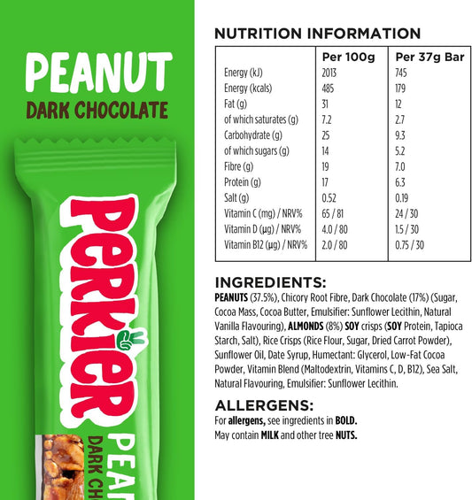Perkier Peanut Dark Chocolate Bars (15 Bars), Vegan, Gluten Free, Protein, High Fibre, Lower Sugar Snack, Natural Ingredients, Lower Calorie, Healthy, No Palm Oil, Nut Bar, Carbon Neutral