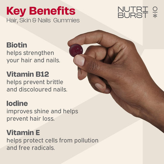 Nutriburst - Hair Skin And Nails Gummies - Biotin Zinc Vitamin E For Thicker Hair & Stronger Nails - Sugar Free Supplements - 60 Gummies 1 Month Supply - Suitable For Vegetarians & Vegans