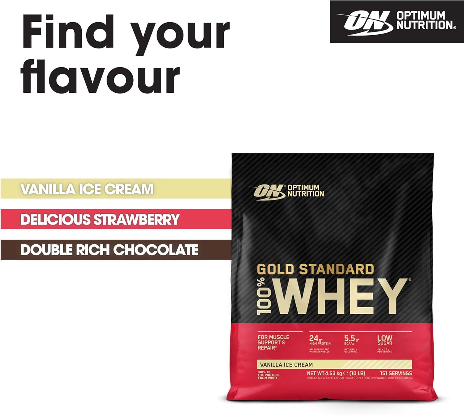 Optimum Nutrition Gold Standard 100% Whey Muscle Building and Recovery Protein Powder With Naturally Occurring Glutamine and BCAA Amino Acids, Vanilla Ice Cream Flavour, 151 Servings, 4.53 kg : Amazon.co.uk: Health & Personal Care