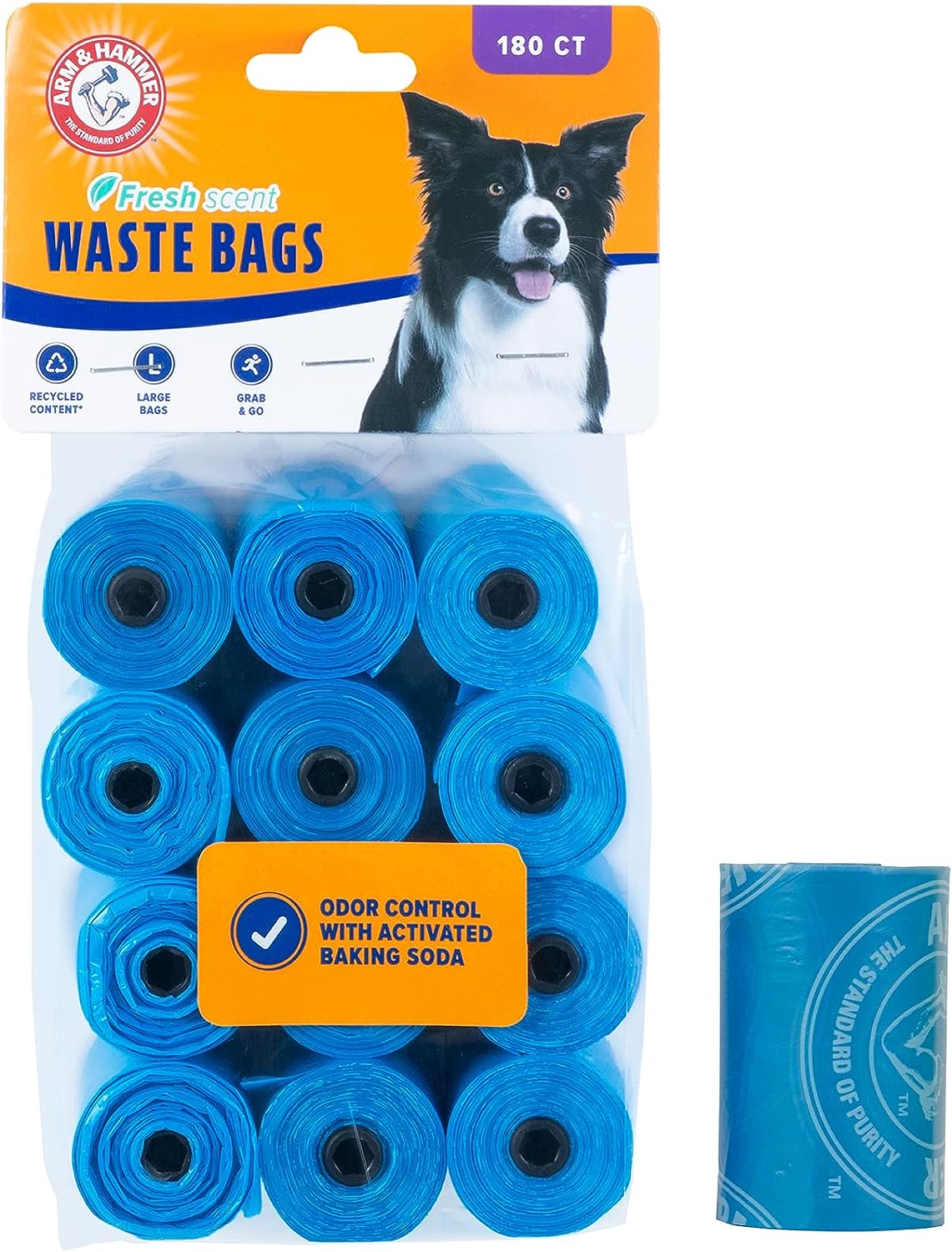 Arm & Hammer Durable Disposable Dog And Cat Waste Bags With Activated Baking Soda, 180 Dog Poop Bags, 9 x 14 Inches, Blue
